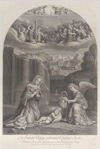 La Virgen María adorando al niño Cristo, un ángel sosteniendo una corona de espinas a la derecha de Frédéric Horthemels
