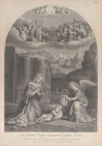 La Virgen María adorando al niño Cristo, un ángel sosteniendo una corona de espinas a la derecha, ca. 1729 de Frédéric Horthemels