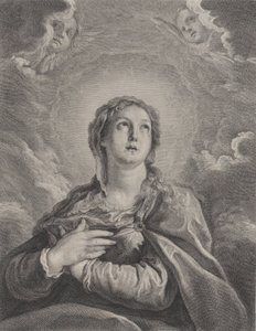 La Virgen, manos cruzadas en el pecho, mirando hacia arriba