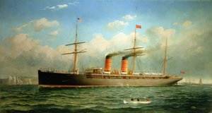 El transatlántico Cunard R.M.S. Umbría frente a Brooklyn Heights, en el East River, Nueva York de Fred Pansing