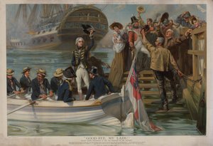 Nelson saliendo de Portsmouth para navegar hacia Trafalgar en el Victory (cromolito)