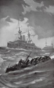 HMS Mars, Terrible y Dragon navegando por el Canal de la Mancha (litografía) de Fred T. Jane