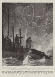 La estrecha escapada de un submarino del fuego en el puerto de Portsmouth de Fred T. Jane