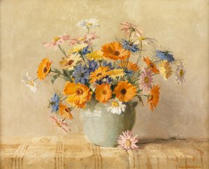 Amor en la niebla, caléndula, margaritas (óleo sobre lienzo) de Freda Marston