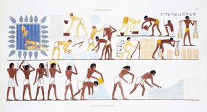 La fabricación de ladrillos, a partir de un raro registro de frescos de Tebas, registrado en 1819-1822 en su segunda visita a Egipto por Frederic Cailliaud (1787-1869), litografía en color