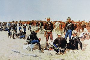 Desayuno de un Soldado de Caballería en las Llanuras, de una pintura al óleo c.1890