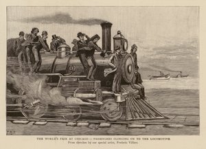 Pasajeros aferrados a la locomotora en la Exposición Universal de Chicago (grabado)