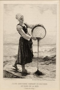 Una joven bretona aventando trigo sarraceno en la playa, grabado por Cadart en 1874 de Frederic Auguste Laguillermie