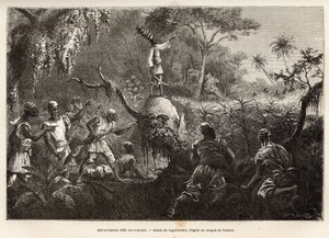 Abd es Samate, amigo y teniente de Mounza, rey de los Mombuttous, desafía a sus enemigos los Zandes (o niam niam) que les declararon la guerra, grabado después del dibujo de Laguillermie, ilustrando un viaje al corazón de África, en 1868-1871, por el Dr. G de Frederic Auguste Laguillermie