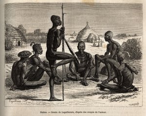 Dinkas del pueblo de Koudj (Senegal), cuyo cuerpo cubierto de cenizas, para protegerse de insectos y parásitos, también es una característica cosmética y social, grabado después del dibujo de Laguillermie, ilustrando el viaje al corazón de África en 1868-1 de Frederic Auguste Laguillermie