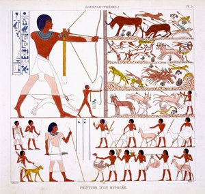 Escenas de caza, de un raro registro de frescos de Tebas, registrado 1819-1822 en su segunda visita a Egipto por Frederic Cailliaud (1787-1869)
