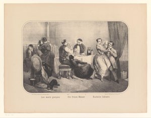 Grupo de hombres y mujeres en un interior
Les maris garçons / Die freien Männer / Bachelor hubants (título en el objeto) de Frederic Charles Wentzel (possibly)