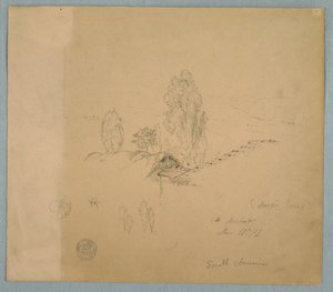 Dibujo, Un tejado de paja y otro de tejas con copas de árboles en un paisaje montañoso cerca del Chimborazo, Ambato, Ecuador, 17 de junio de 1857. de Frederic Edwin Church