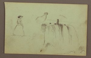 Dibujo, Una chica andando, un pollo agazapado y las cataratas americanas en el río Niágara, posiblemente 1856 de Frederic Edwin Church