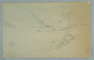 Dibujo, Valle montañoso andino con arroyo serpenteante, Colombia o Ecuador, 1857 de Frederic Edwin Church