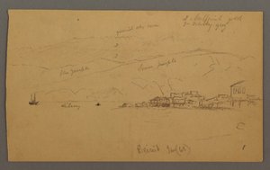 Dibujo, Bahía con casas, montañas detrás, enero de 1868