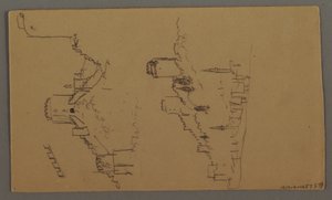 Dibujo, Estudios de barcos, Estudio de nubes, Dos edificios, posiblemente 1868