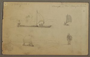Dibujo, Bungoes: Bocetos de veleros y trabajadores, a lo largo del Río Magdalena, Colombia, mayo de 1853 de Frederic Edwin Church