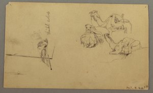 Dibujo, Camellos bebiendo en una colina, 22 de febrero, posiblemente 1868