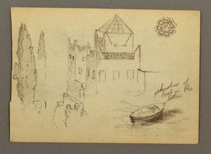 Dibujo, Castillo junto al agua, barco, árboles, posiblemente 1868 de Frederic Edwin Church