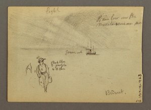 Dibujo, Castillo junto al agua, barco, árboles, posiblemente 1868