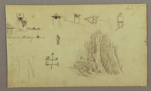 Dibujo, Chimeneas, Cascadas, Figura, etc., Julio posiblemente 1868