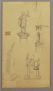 Dibujo, Iglesia, Edificio, Puente cubierto, posiblemente 1868-69 de Frederic Edwin Church