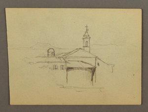 Dibujo, Torre de la iglesia contigua a los edificios, posiblemente 1868-69 de Frederic Edwin Church