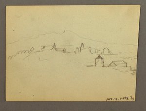 Dibujo, Torre de la iglesia contigua a los edificios, posiblemente 1868-69 de Frederic Edwin Church