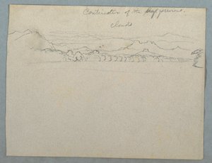 Dibujo, Paisaje montañoso sudamericano cubierto de nubes visto junto a una bahía, 2ª parte , 1853, probablemente mayo de Frederic Edwin Church