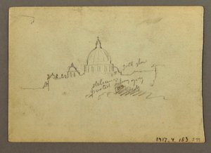 Dibujo, Vista lejana de la cúpula de la basílica de San Pedro, Roma, Italia, enero de 1869