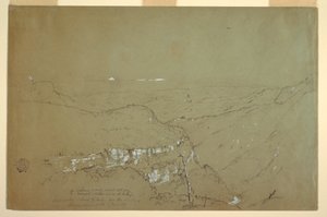 Dibujo, Vista lejana de los volcanes Tolima y Ruiz desde las cercanías del Salto del Tequendama, Colombia, junio de 1853