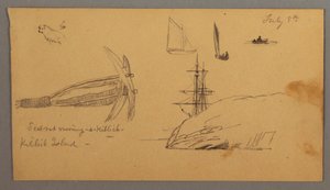 Dibujo, Perro, estudios de velero, ancla, acantilados, posiblemente 8 de julio de 1859 de Frederic Edwin Church