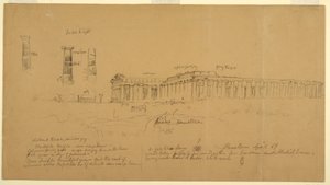 Dibujo, Templos griegos dóricos de Atenea (antes Ceres), Hera II (antes Neptuno) y Hera I (antes Basílica), Paestum, Salerno, Italia, abril de 1869. de Frederic Edwin Church