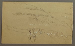 Dibujo, Valle de El Yemen, Arabia: Pared rocosa cuya parte superior se asemeja a una hilera de columnas, 20 de febrero de 1868.