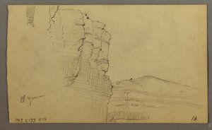 Dibujo, Valle de El Yemen, Arabia: Pared rocosa cuya parte superior se asemeja a una hilera de columnas, 20 de febrero de 1868.