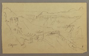 Dibujo, Valle de El Yemen, Arabia: Vista de un valle sinuoso con una caravana, 20 de febrero de 1868 de Frederic Edwin Church