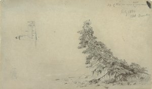 Dibujo, Árbol de hoja perenne cerca de la orilla con un detalle del faro y una casa, Mount Desert, Maine, julio de 1850 de Frederic Edwin Church