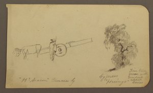 Dibujo, Figura y carro de bueyes, Ciprés; reverso: Vista del lago de Cuitzeo, enero de 1885 de Frederic Edwin Church