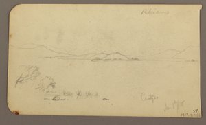 Dibujo, Figura y carro de bueyes, Ciprés; reverso: Vista del lago de Cuitzeo, enero de 1885 de Frederic Edwin Church