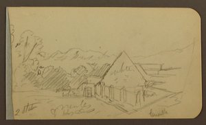 Dibujo, Jardín, Casa, Cuautla; Verso: Iglesia, Granero, Cuautla, Febrero 1885 de Frederic Edwin Church