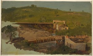 Dibujo, Colina con viaductos y molinos en ruinas, cerca de Catskill, Nueva York, ca. 1865 de Frederic Edwin Church