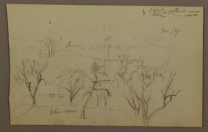 Dibujo, colinas, árboles, sol bajo, 1867 de Frederic Edwin Church