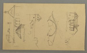 Dibujo, casa, puente, castillo, tejados, agosto de 1868