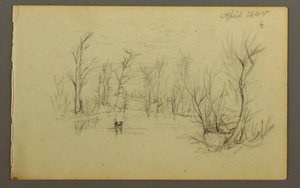 Dibujo, estanque Htakie (), dos personas en canoa, 1845 de Frederic Edwin Church