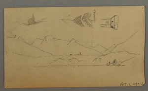 Dibujo, Castillo medieval, dos torres, estudios de figuras, cerca de Thun, posiblemente 1868