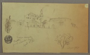 Dibujo, Mezquita y edificios adyacentes, árboles, 4 de abril de 1868 de Frederic Edwin Church