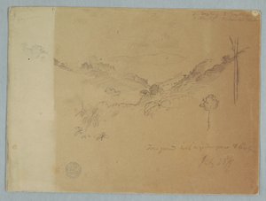 Dibujo, Paisaje montañoso cerca de Jorje, Ecuador, 23 de julio de 1857 de Frederic Edwin Church