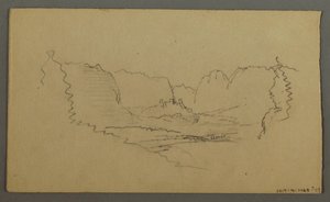 Dibujo, Picos de montaña, Santuario al borde de la carretera, agosto de 1868