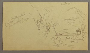 Dibujo, Valle montañoso, puente, edificios, posiblemente 1868-69 de Frederic Edwin Church